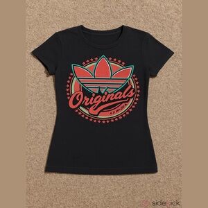 Adidas Women’s Black and Red Graphic Fitted Cap Sleeve Tee Size: S